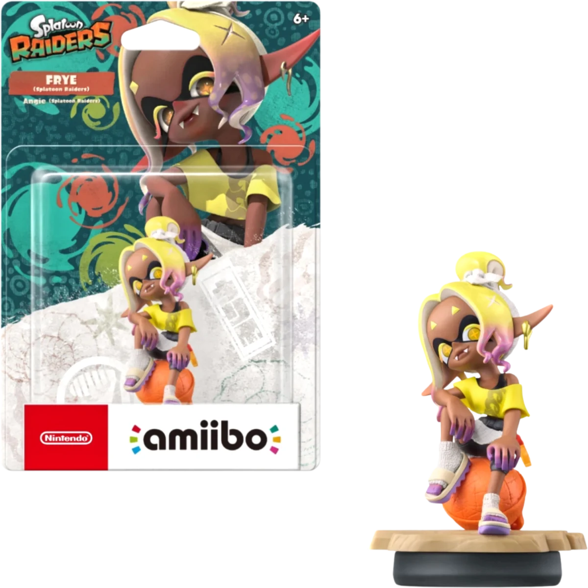 A Frye from Splatoon Amiibo figure posed on a display base, wearing a yellow top and white shorts, with the packaging artwork in the background.