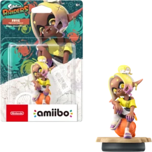 A Frye from Splatoon Amiibo figure posed on a display base, wearing a yellow top and white shorts, with the packaging artwork in the background.