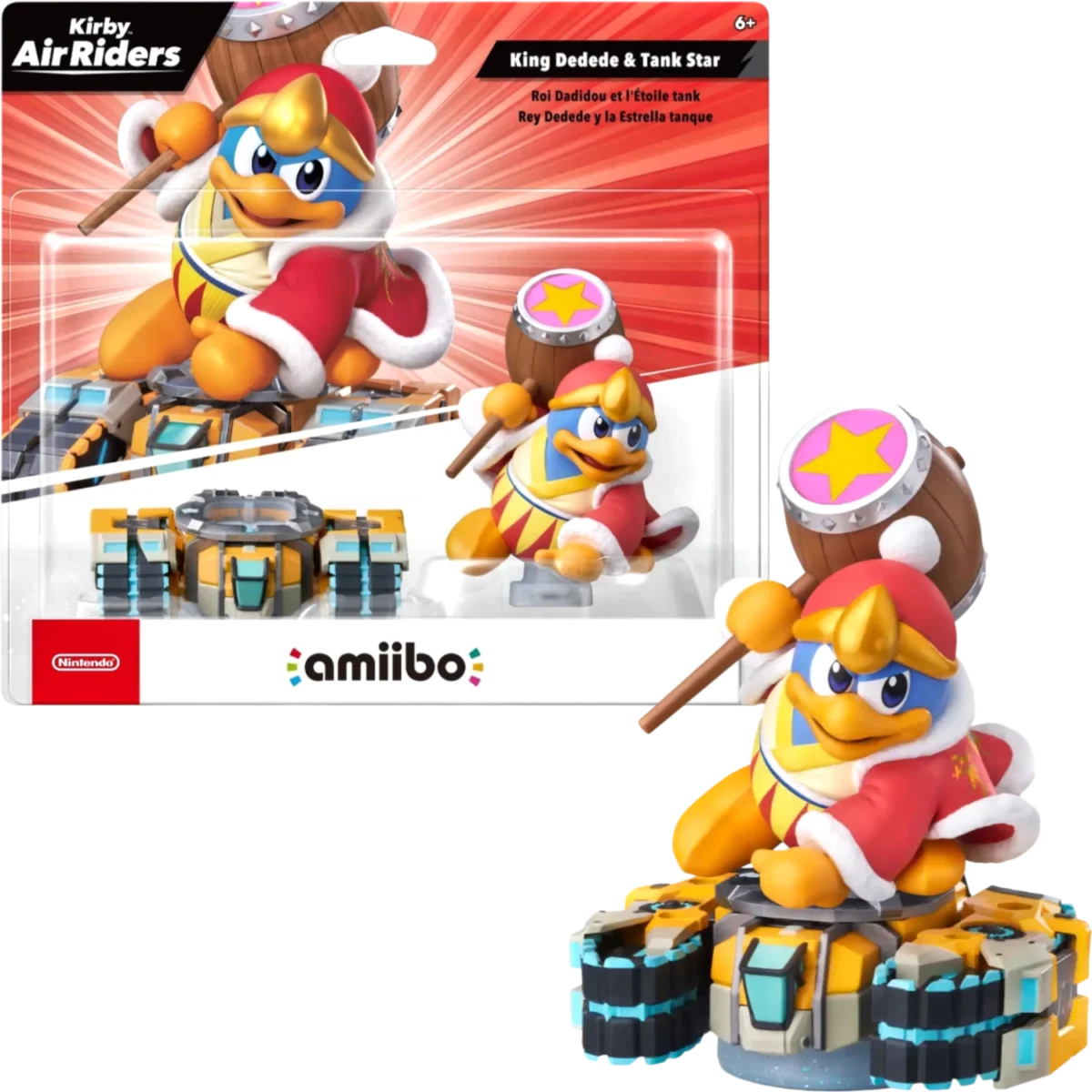Amiibo packaging featuring King Dedede and Tank Star from Kirby Air Riders, with two toy figures and a red-orange backdrop.
