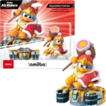 Amiibo packaging featuring King Dedede and Tank Star from Kirby Air Riders, with two toy figures and a red-orange backdrop.