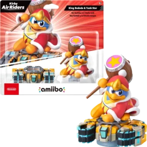 Amiibo packaging featuring King Dedede and Tank Star from Kirby Air Riders, with two toy figures and a red-orange backdrop.