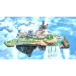 Floating island city with futuristic buildings, winding roads, green gardens, and a nearby erupting volcano above the clouds.