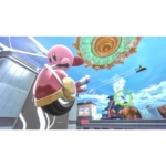 Pink Kirby-like character on a wheeled hoverboard in a bright futuristic plaza, with a large ornate circular structure overhead.