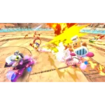 Kirby wearing a chef hat joins a chaotic arena battle, firing bright yellow and pink energy amid other fighters and explosions.
