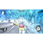 Player's kart races through an icy blue tunnel in a kart racing game, viewed from behind a pink character; on-screen HUD shows position, speed (37 km/h), timer, and icons along the track.