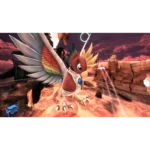 Colorful griffin-like creature with rainbow wings and a blue orb on its chest stands in a rocky canyon at sunset.