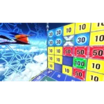Colorful grid of numbered tiles forming a game board against a blue sky background with a rocket-like object flying in from the left.