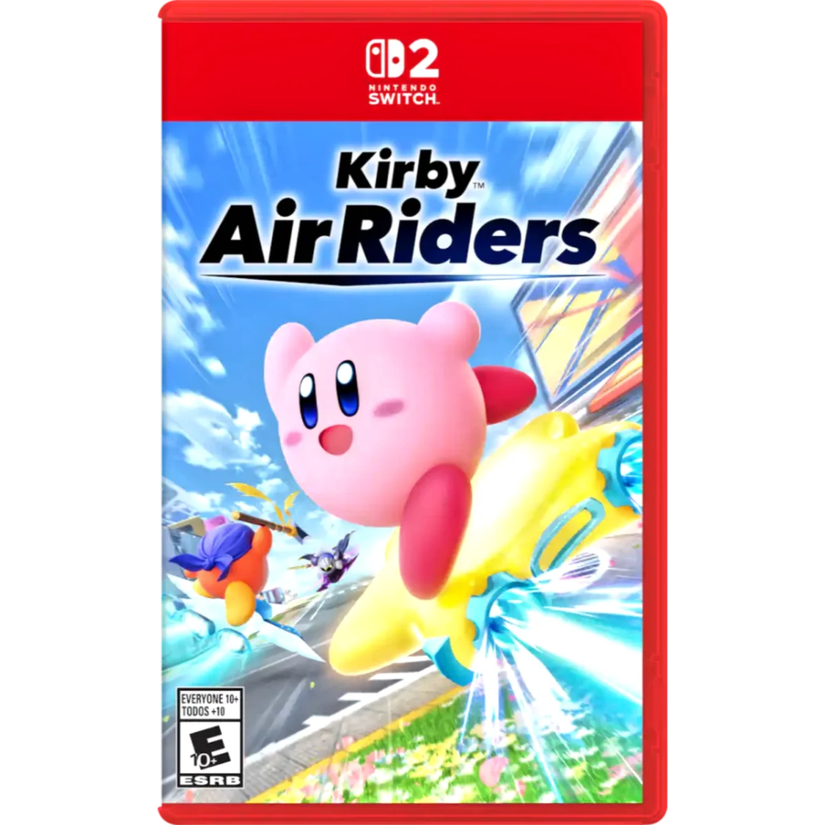 Kirby Air Riders Nintendo Switch game cover featuring Kirby flying on a colorful track with a bright blue sky.