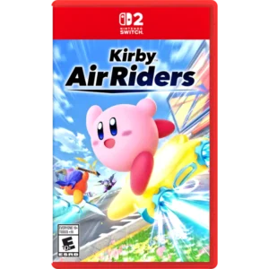 Kirby Air Riders Nintendo Switch game cover featuring Kirby flying on a colorful track with a bright blue sky.