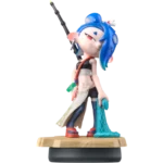 Toy figurine of a girl with bright blue hair, standing on a base, holding a long spear over her shoulder.