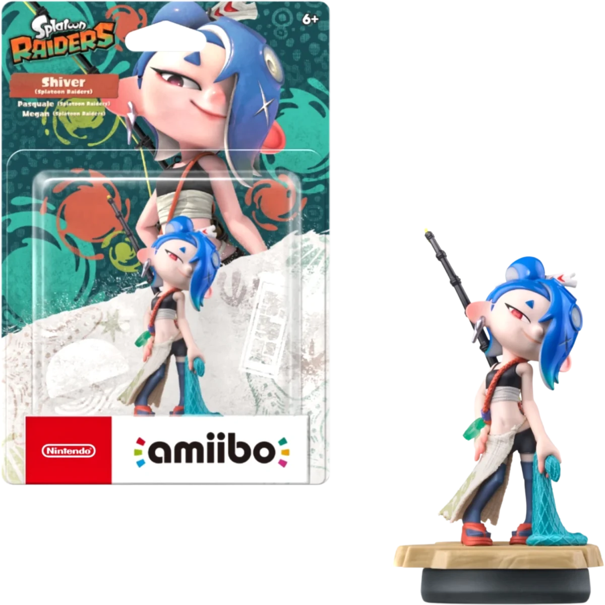 Shiver from Splatoon amiibo figure with blue hair and spear, displayed next to colorful packaging.