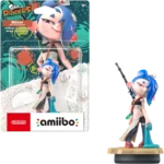 Shiver from Splatoon amiibo figure with blue hair and spear, displayed next to colorful packaging.