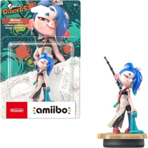 Shiver from Splatoon amiibo figure with blue hair and spear, displayed next to colorful packaging.