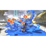 Intense video game battle with a blue paint splash and orange orbs surrounding the player character.