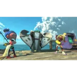 Three colorful cartoon characters strike poses on a wooden pier by the sea, with a large spotted manta ray wearing gear between them.