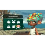 Young character with colorful shell-themed hairstyle options, choosing a new hairdo by a seaside dock