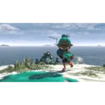 Teal-haired inkling girl running on a sunny beach with a large turquoise weapon, a small dome-shaped robot nearby, and the calm ocean in the background.