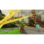 A chaotic Splatoon battle: a green-clad Inkling fires neon yellow ink across a gray battlefield, with large yellow slashes and splatters surrounding a towering, spiky plant-like structure in the background.