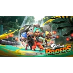 Group of Splatoon characters in a jungle battle stance, wielding gear and neon paint splashes behind them.