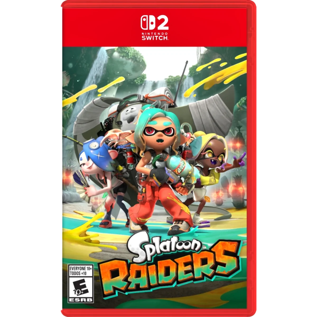 Nintendo Switch game cover showing Splatoon 3 Raiders with colorful inklings running through a jungle setting