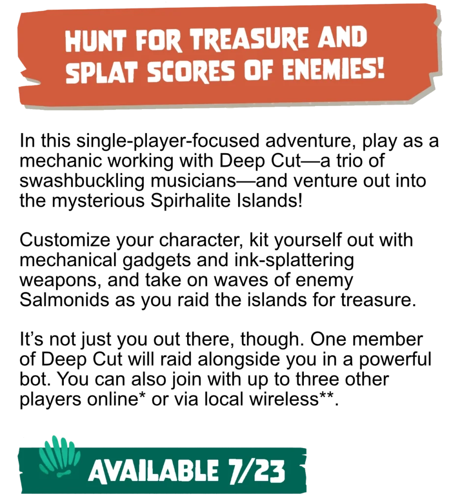Orange banner: 'Hunt for treasure and splat scores of enemies!'; teal banner: 'Available 7/23' with a hand icon.
