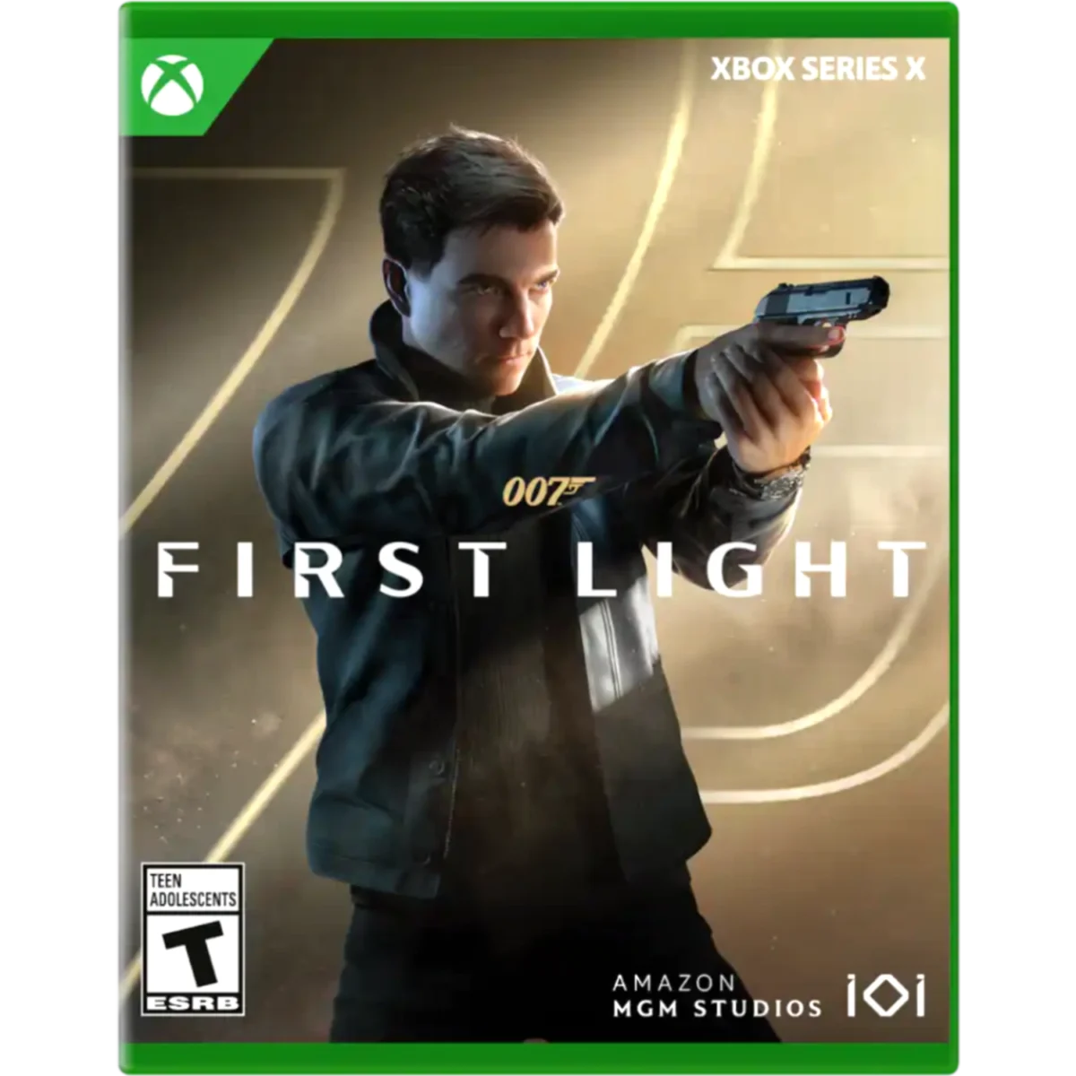 Xbox game cover for First Light: a man in a jacket aiming a handgun, with the title 'FIRST LIGHT' across the bottom and green Xbox border.
