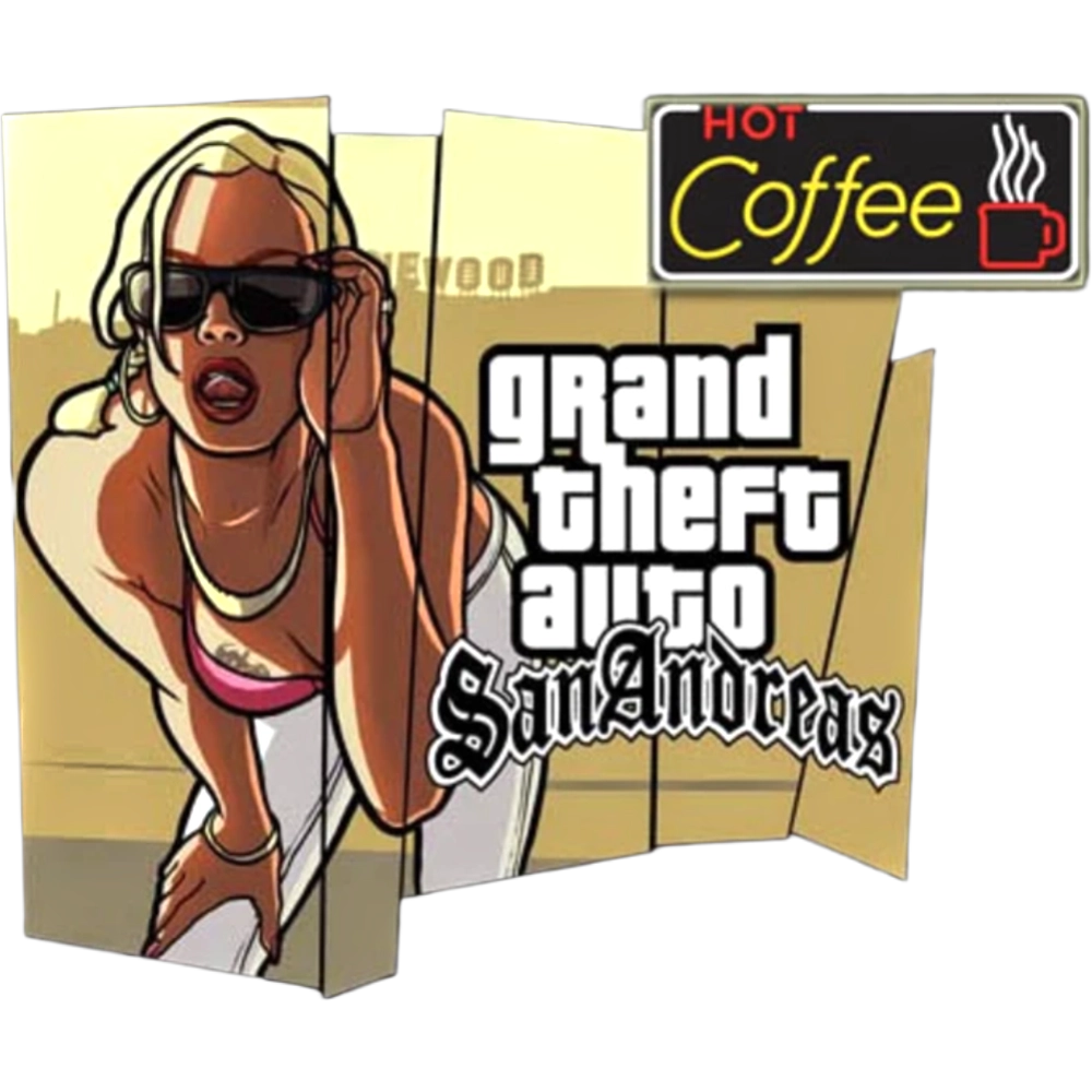 Illustrated cover for Grand Theft Auto: San Andreas featuring a stylish woman in sunglasses and the game title bright backdrop.