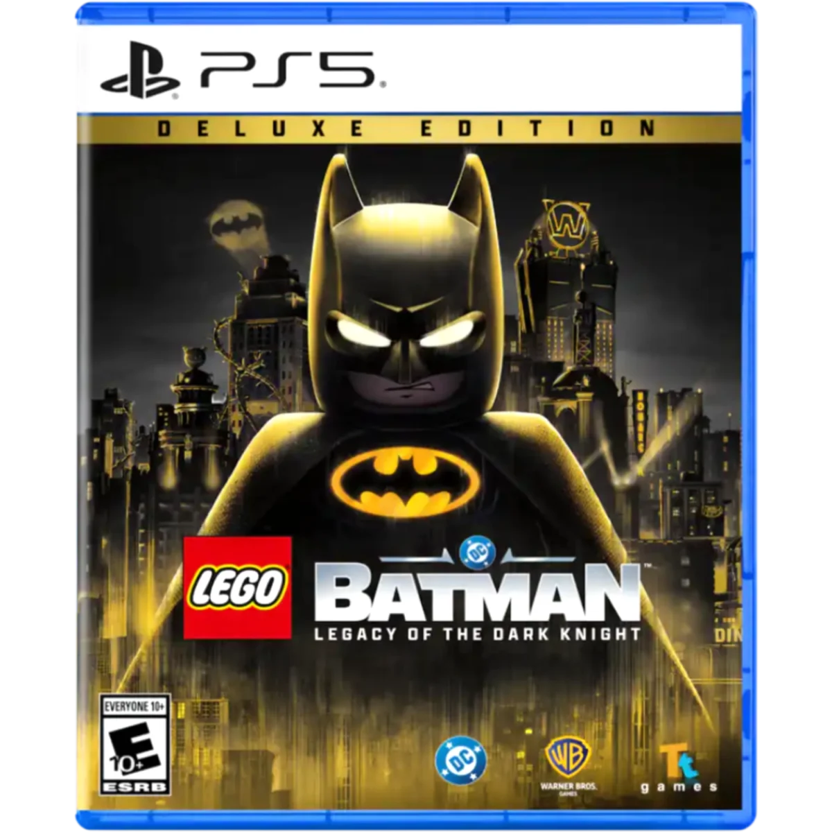 PS5 Deluxe Edition cover for LEGO Batman: Legacy of the Dark Knight, with Batman in a neon-lit city skyline in the foreground.
