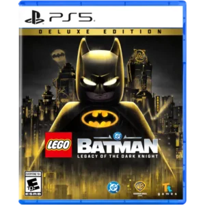 PS5 Deluxe Edition cover for LEGO Batman: Legacy of the Dark Knight, with Batman in a neon-lit city skyline in the foreground.