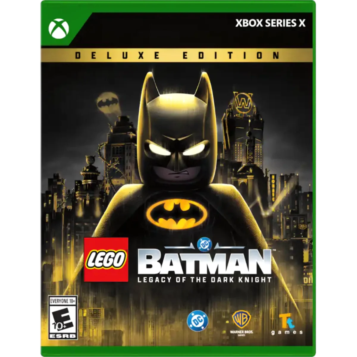 Xbox Series X Deluxe Edition cover for LEGO Batman: Legacy of the Dark Knight, Batman figure against a Gotham skyline