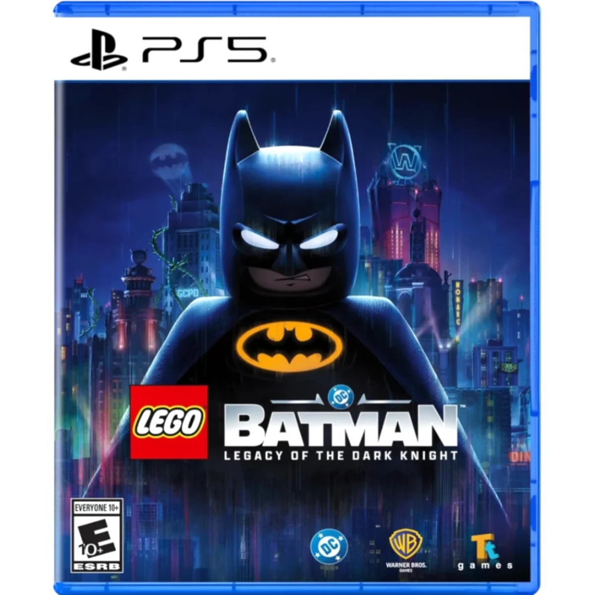 LEGO Batman: Legacy of the Dark Knight PS5 cover showing Batman in the foreground with a neon Gotham City backdrop.