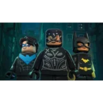 Three LEGO superheroes in a neon-lit city: Nightwing (left), a masked hero in a patterned suit (center), Batman (right).