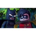 Two LEGO Batman figures stand close together in a leafy jungle setting, looking forward with serious expressions.