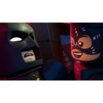 Two LEGO minifigs facing each other in a dimly lit scene, one gray helmeted with an open mouth, the other with a pink mask smiling softly in red lighting.