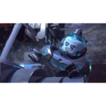Blue armored robot with a transparent teal visor, inside a high-tech cockpit or vehicle, reaching forward toward controls.