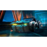 Futuristic blue and gray Lego race car speeding through a neon-lit industrial tunnel.