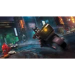 LEGO Batman leads a chase through a wet, neon-lit city street with puddles and bystanders in the background.
