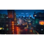 Night cityscape with neon signs along a crowded street, blue twilight sky, and distant buildings fading into the glow of streetlights and billboards on a rainy urban night.