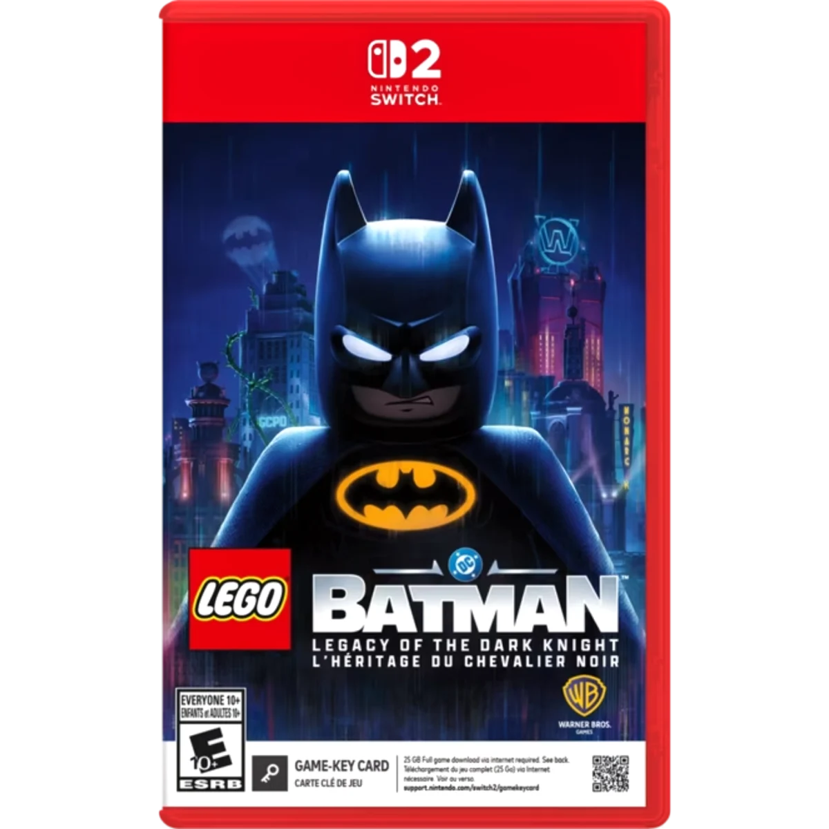 Lego Batman: The Dark Knight video game case for Nintendo Switch with Batman emblem and Gotham City backdrop.