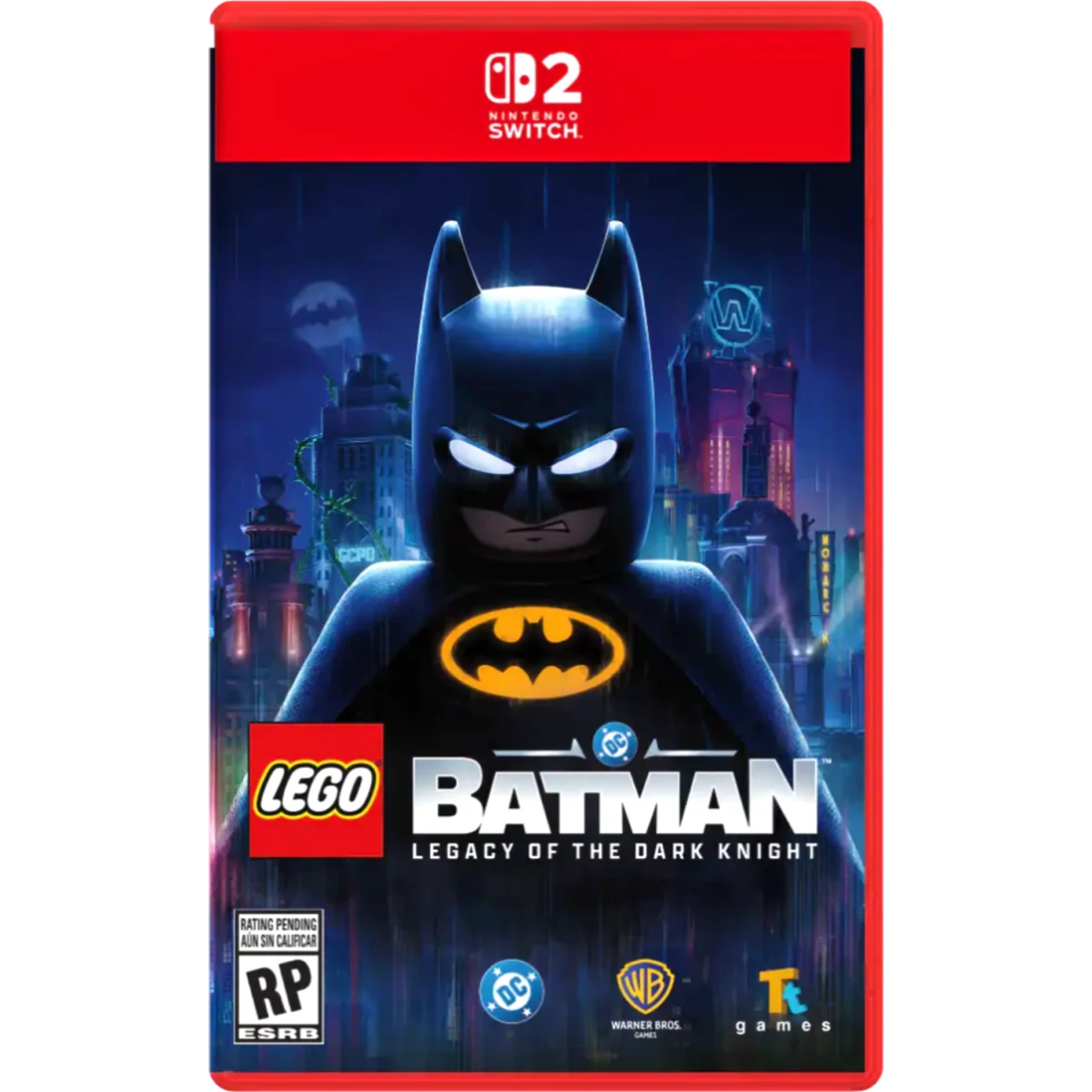 Cover art for LEGO Batman: Legacy of the Dark Knight on Nintendo Switch showing Batman against a neon cityscape.
