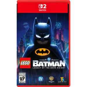 Cover art for LEGO Batman: Legacy of the Dark Knight on Nintendo Switch showing Batman against a neon cityscape.