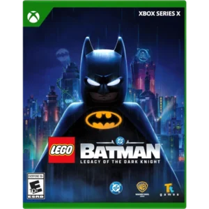 Xbox game cover for LEGO Batman: Legacy of the Dark Knight, Batman with neon city backdrop in rain (Series X). The title is visible with LEGO logo and Batman emblem.