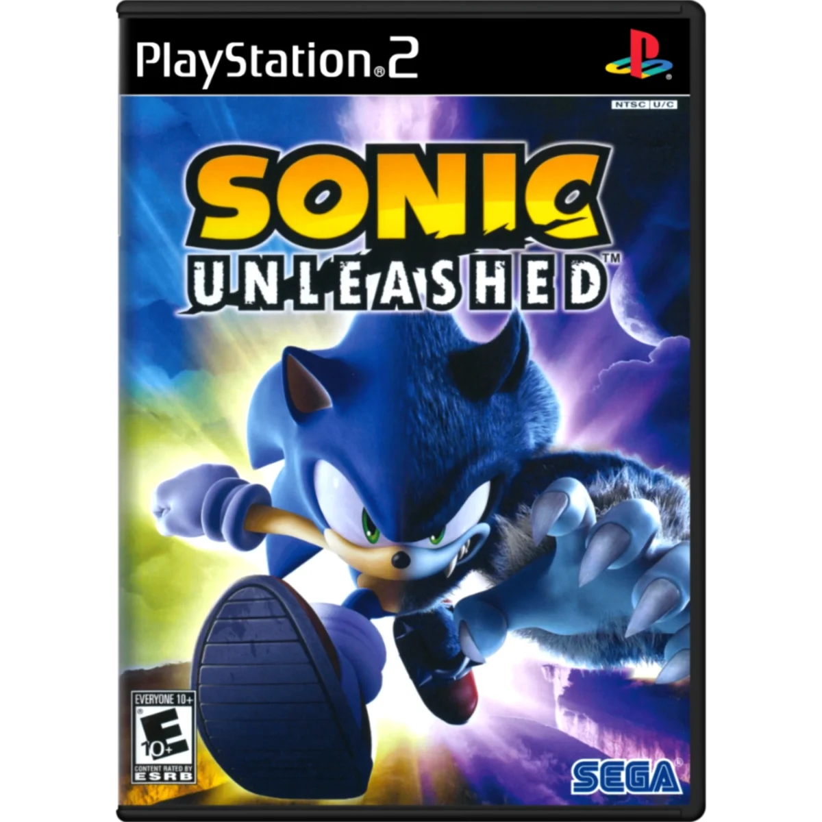 Sonic the Hedgehog sprinting forward on a colorful game cover for PlayStation 2 Sonic Unleashed (SEGA)