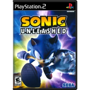Sonic the Hedgehog sprinting forward on a colorful game cover for PlayStation 2 Sonic Unleashed (SEGA)