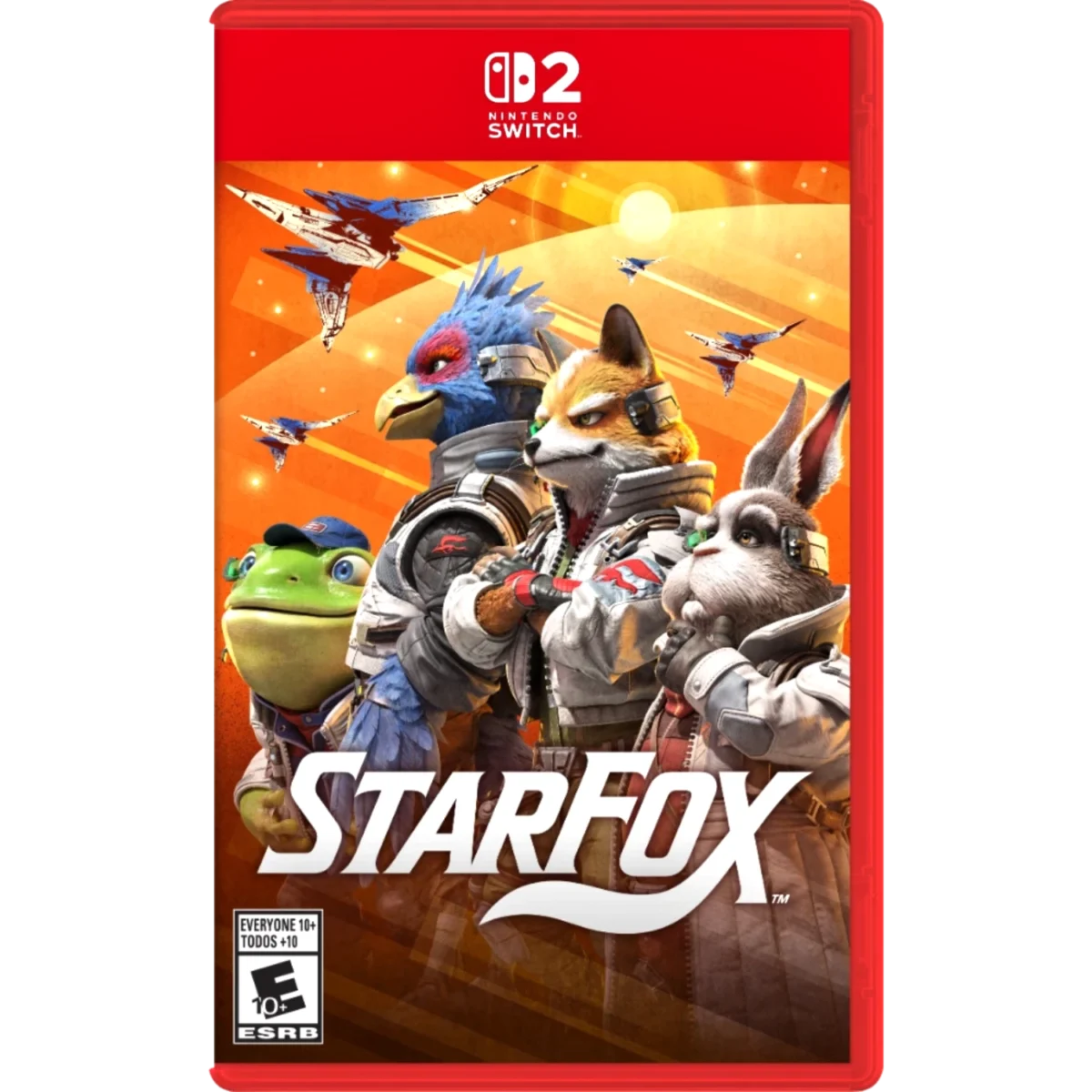 Nintendo Switch game cover for Star Fox: orange background with Fox McCloud and allied animal pilots in space suits, starfighter ships overhead.