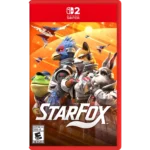 Nintendo Switch game cover for Star Fox: orange background with Fox McCloud and allied animal pilots in space suits, starfighter ships overhead.