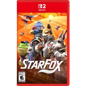 Nintendo Switch game cover for Star Fox: orange background with Fox McCloud and allied animal pilots in space suits, starfighter ships overhead.