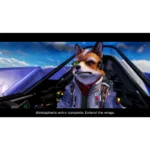 Anthropomorphic fox in a futuristic spacecraft cockpit wearing a flight suit, with the caption 'Atmospheric entry complete. Extend the wings.'