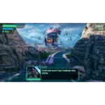 Futuristic fighter jet battle scene with enemy drones in a rocky canyon; heads-up display elements shown on screen.