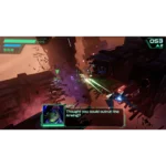 Sci Fi space dogfight scene with neon HUD, fighter ships blasting through debris and orange glow.